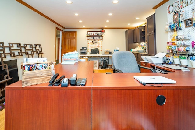 office featuring ornamental molding and recessed lighting