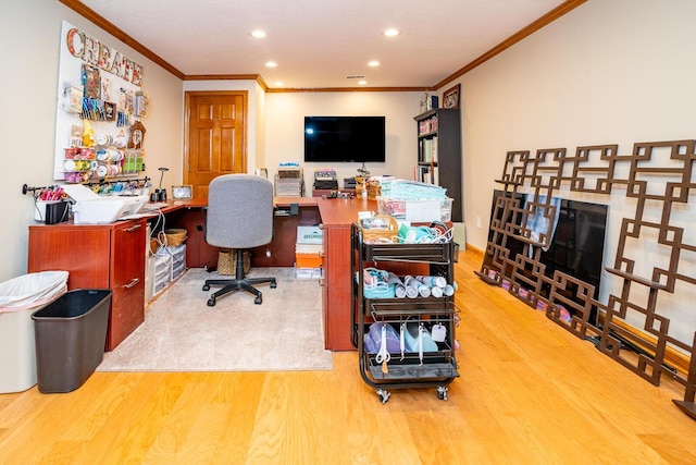 home office featuring wood finished floors, recessed lighting, and ornamental molding