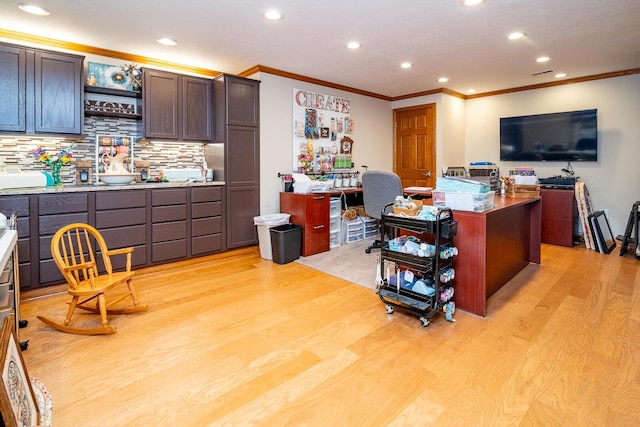 office area with recessed lighting, ornamental molding, visible vents, and light wood-style flooring