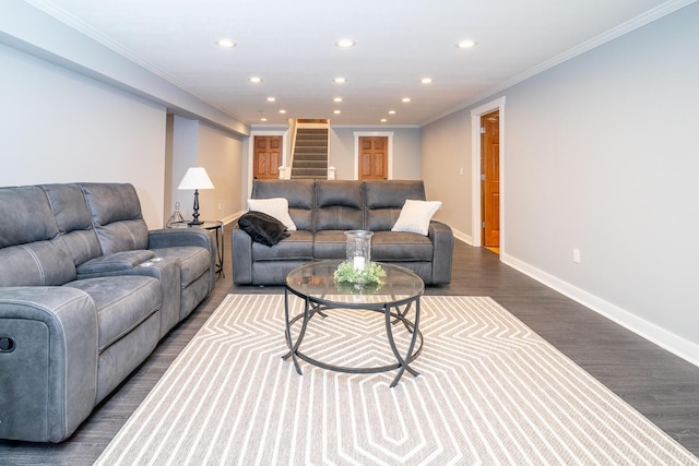 living area featuring recessed lighting, stairway, ornamental molding, baseboards, and dark wood-style flooring