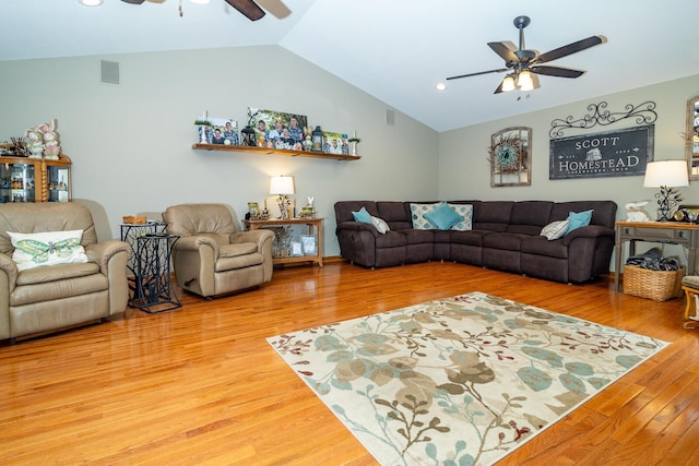 living area featuring visible vents, recessed lighting, lofted ceiling, a ceiling fan, and wood finished floors