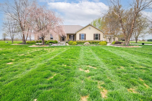 ranch-style house with stucco siding and a front lawn