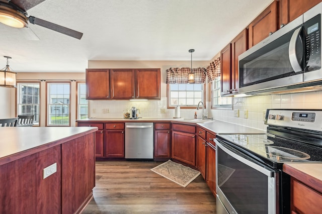 kitchen with dark wood finished floors, hanging light fixtures, stainless steel appliances, and a sink