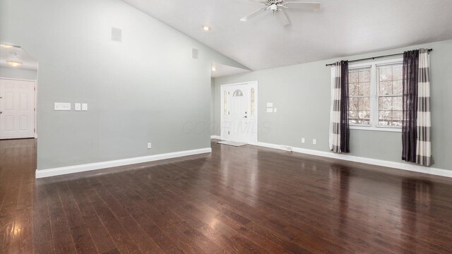 unfurnished living room with baseboards, a ceiling fan, wood finished floors, and high vaulted ceiling