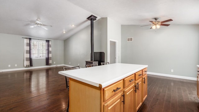 kitchen with lofted ceiling, dark wood-style floors, a wood stove, a ceiling fan, and visible vents