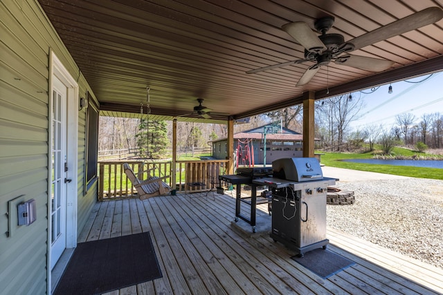 9704 Loudon St, Johnstown, OH 43031 - wooden terrace featuring area for grilling, a water view, and ceiling fan