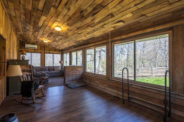 9704 Loudon St, Johnstown, OH 43031 - sunroom featuring a wall unit AC, vaulted ceiling, wood finished floors, wood ceiling, and wooden walls