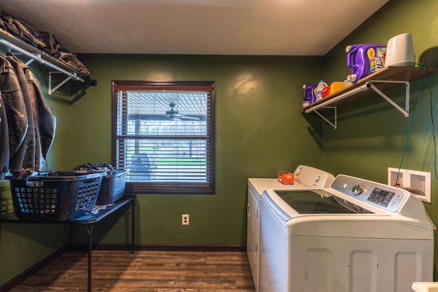 9704 Loudon St, Johnstown, OH 43031 - washroom featuring baseboards, washer and dryer, dark wood-style flooring, and laundry area