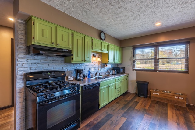 9704 Loudon St, Johnstown, OH 43031 - kitchen featuring under cabinet range hood, black appliances, green cabinetry, and a sink