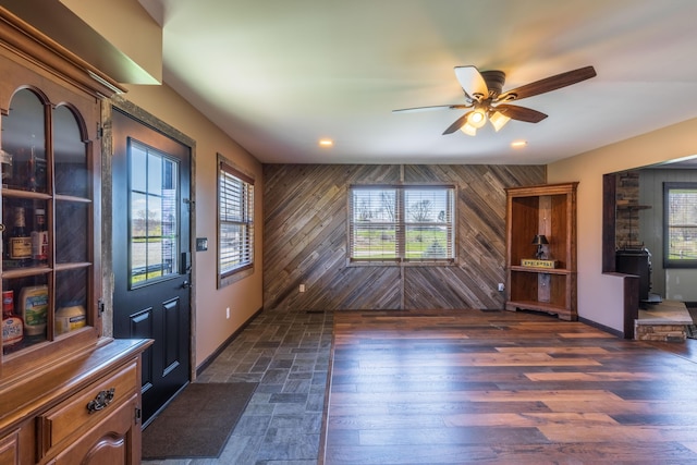 9704 Loudon St, Johnstown, OH 43031 - interior space featuring recessed lighting, wood walls, baseboards, and ceiling fan