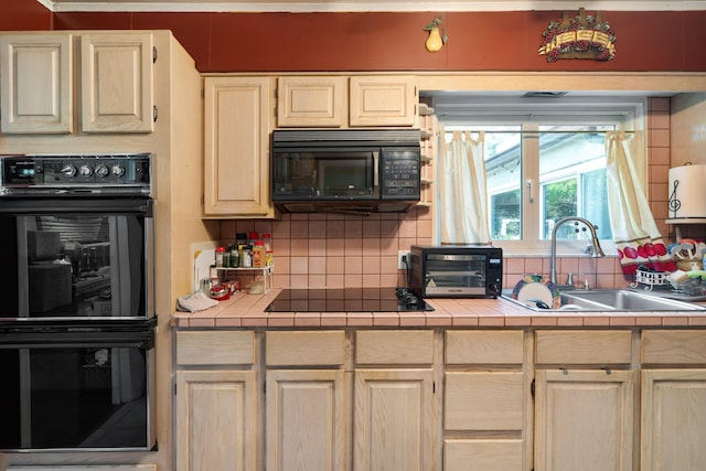 1479 Devonhurst Dr, Columbus, OH 43232 - kitchen featuring black appliances, tile countertops, tasteful backsplash, and light brown cabinets