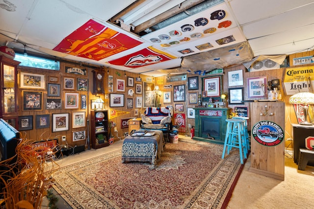 1479 Devonhurst Dr, Columbus, OH 43232 - living area featuring wood walls, carpet floors, and a fireplace