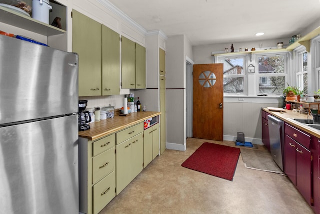 kitchen with light countertops, open shelves, stainless steel appliances, and a sink
