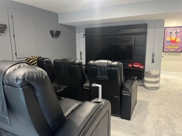 home theater with light carpet
