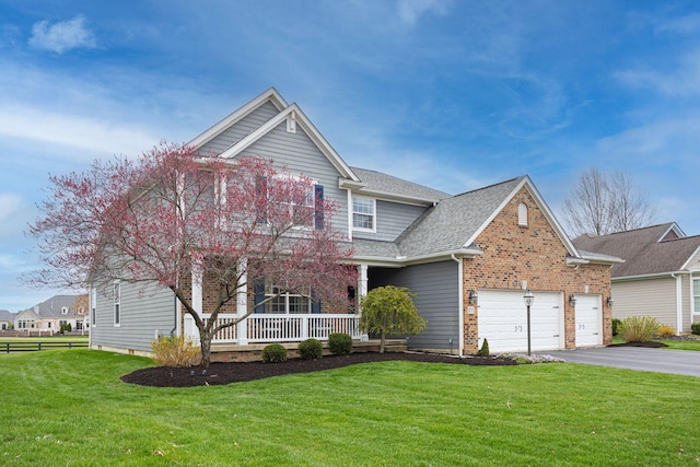 view of front of home with aphalt driveway, a porch, brick siding, a front yard, and a garage