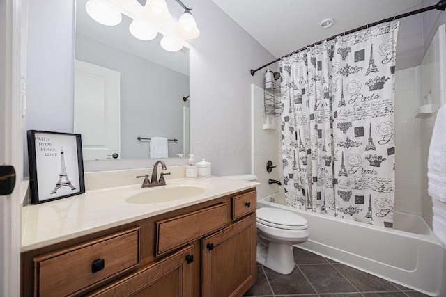 full bath with vanity, shower / bath combination with curtain, toilet, and tile patterned flooring