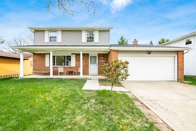 traditional home featuring a front lawn, a porch, concrete driveway, a garage, and brick siding