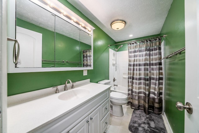 full bathroom with tile patterned floors, shower / bathtub combination with curtain, toilet, vanity, and a textured ceiling
