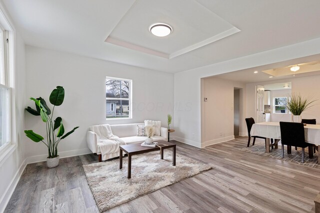 living room with recessed lighting, a raised ceiling, wood finished floors, and baseboards