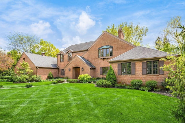 view of front of home featuring roof with shingles, a chimney, brick siding, and a front yard