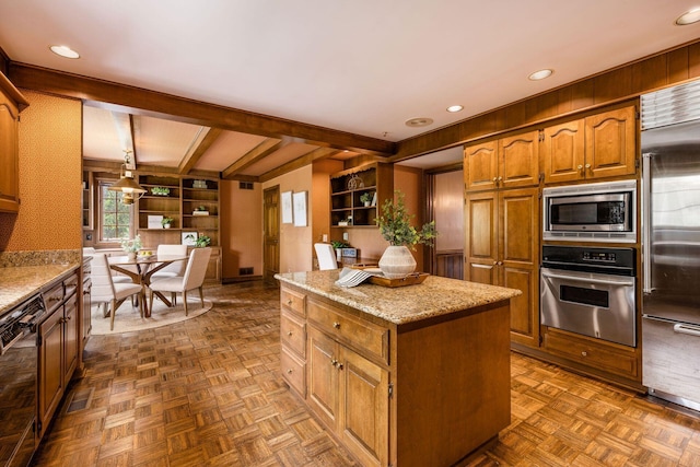 kitchen featuring open shelves, built in appliances, beamed ceiling, a center island, and brown cabinets