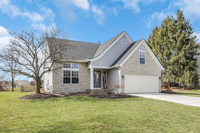 view of front of house with driveway, stone siding, roof with shingles, a front yard, and a garage