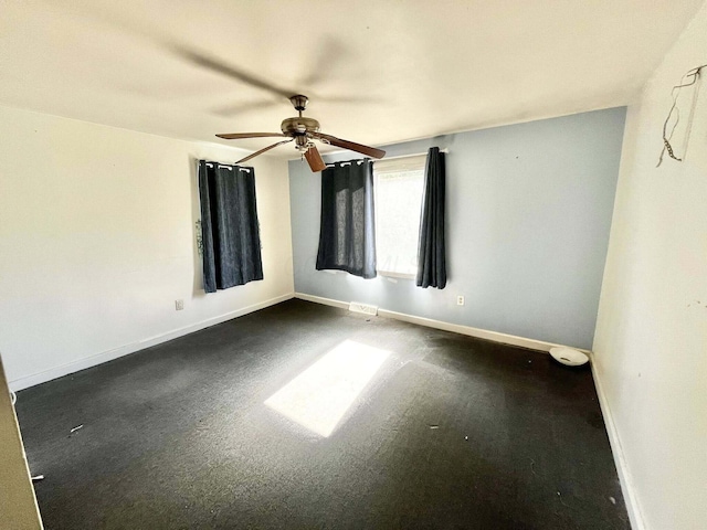 spare room with visible vents, baseboards, and ceiling fan