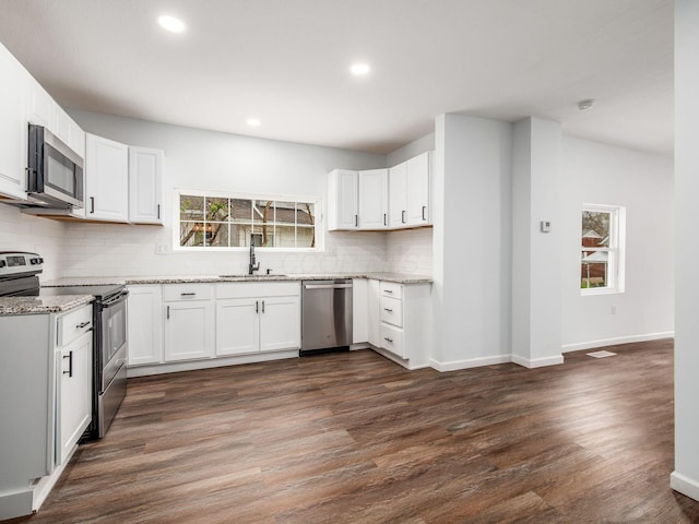 kitchen featuring stainless steel appliances, a sink, decorative backsplash, light stone counters, and dark wood-type flooring