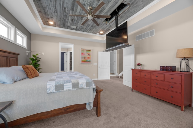 816 Kelburn Ln, Pickerington, OH 43147 - bedroom with ceiling fan, a tray ceiling, light colored carpet, baseboards, and visible vents
