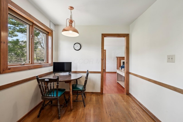 dining area featuring baseboards and wood finished floors