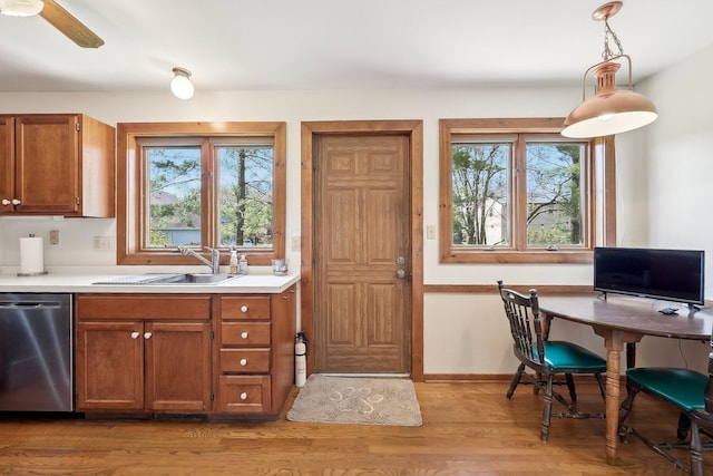 kitchen with light wood finished floors, stainless steel dishwasher, a sink, brown cabinets, and light countertops