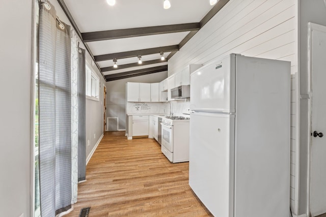 3434 Fishinger Rd, Columbus, OH 43221 - kitchen with vaulted ceiling with beams, white appliances, light wood-style floors, light countertops, and white cabinetry