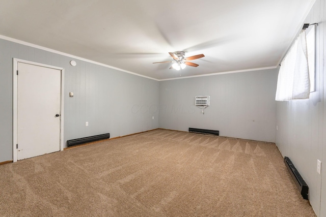 3434 Fishinger Rd, Columbus, OH 43221 - spare room featuring a wall mounted air conditioner, carpet floors, a ceiling fan, and ornamental molding