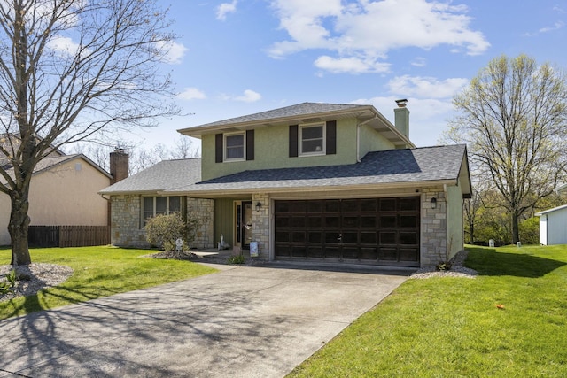 view of front of house with a chimney, a front lawn, driveway, stone siding, and fence