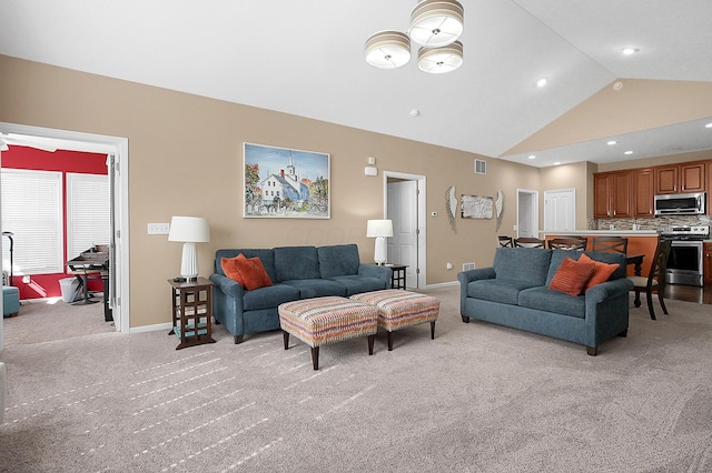 living room featuring light colored carpet, baseboards, and visible vents