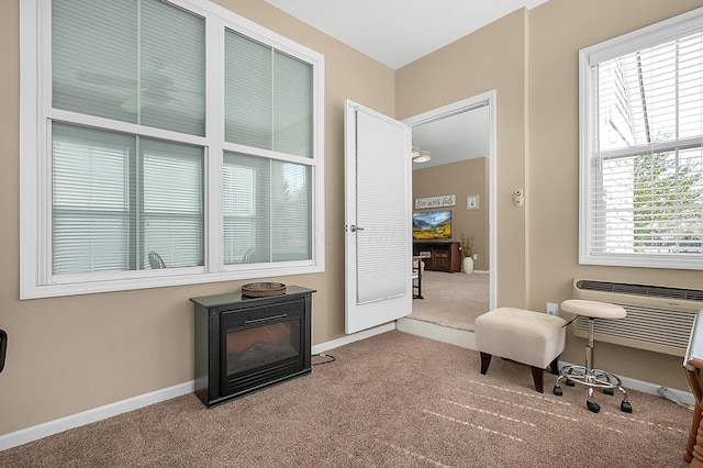 living area with baseboards and carpet floors