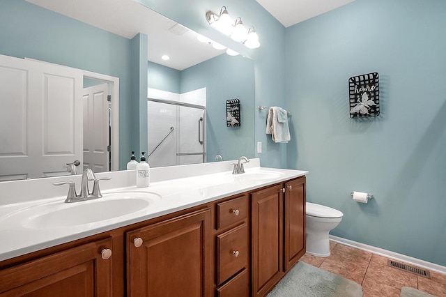 full bathroom with toilet, visible vents, a sink, and a stall shower