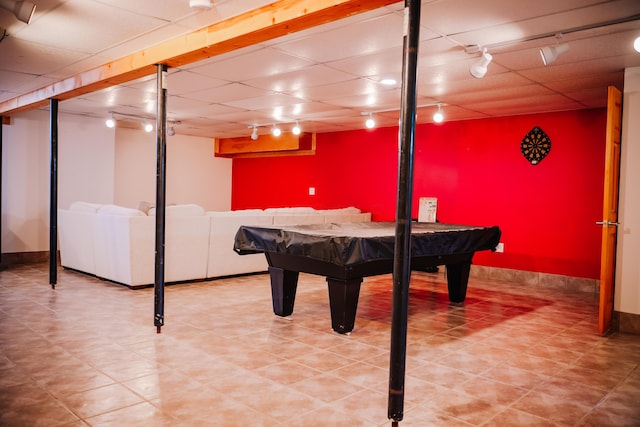 17920 Miller Rd, Richwood, OH 43344 - playroom with baseboards, track lighting, pool table, and light tile patterned floors