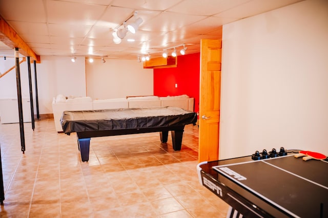 17920 Miller Rd, Richwood, OH 43344 - game room featuring track lighting, pool table, light tile patterned floors, and a drop ceiling