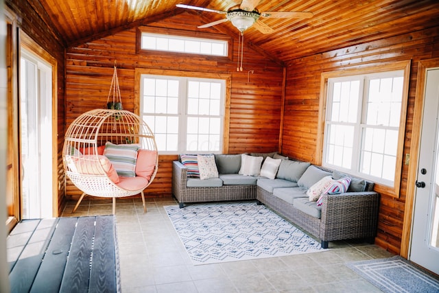 17920 Miller Rd, Richwood, OH 43344 - living room with a ceiling fan, a wealth of natural light, lofted ceiling, and wooden walls