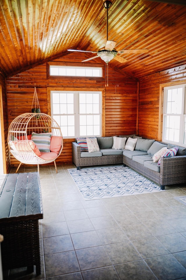 17920 Miller Rd, Richwood, OH 43344 - living area with a wealth of natural light, vaulted ceiling, wood walls, ceiling fan, and wood ceiling