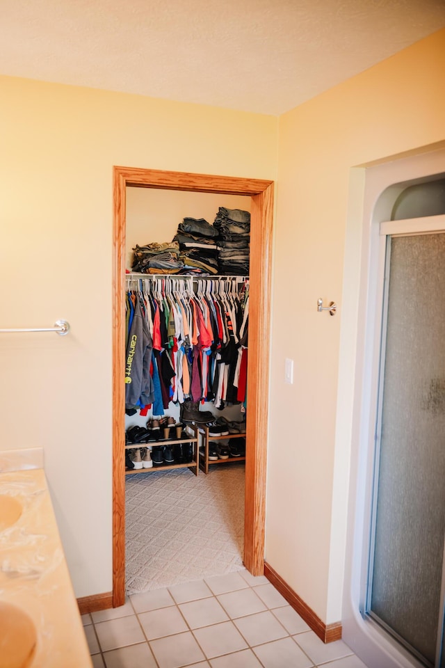 17920 Miller Rd, Richwood, OH 43344 - full bathroom with a walk in closet, a shower stall, tile patterned floors, and baseboards