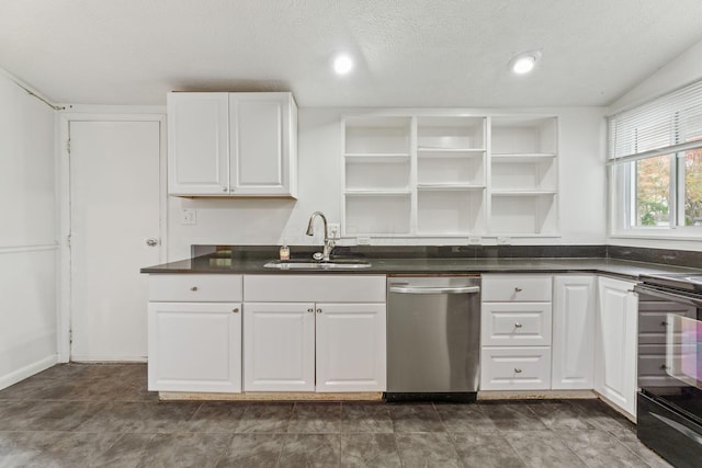 3318 Darbyshire Dr, Hilliard, OH 43026 - kitchen featuring open shelves, dark countertops, stainless steel dishwasher, a sink, and black electric range