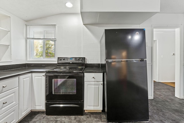 3318 Darbyshire Dr, Hilliard, OH 43026 - kitchen featuring black appliances, lofted ceiling, dark countertops, and white cabinetry