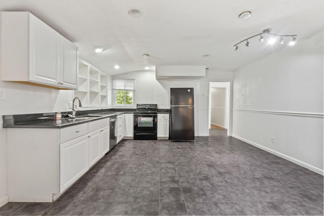 3318 Darbyshire Dr, Hilliard, OH 43026 - kitchen with dark countertops, white cabinetry, a sink, and black appliances
