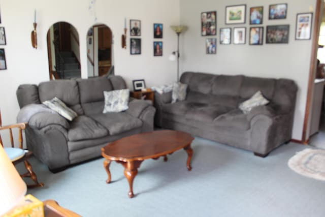 living area featuring arched walkways and carpet