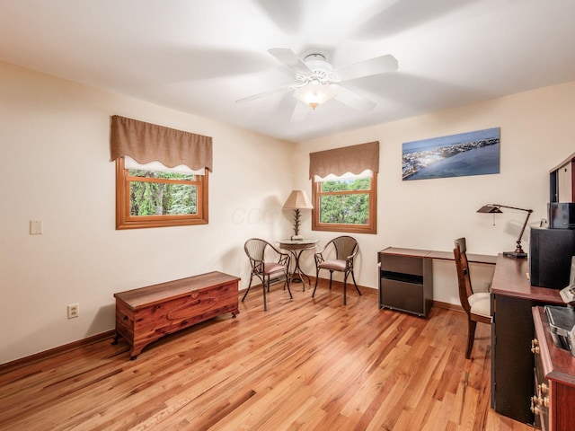 4159 Rowanne Rd, Columbus, OH 43214 - home office featuring healthy amount of natural light, light wood-style floors, a ceiling fan, and baseboards