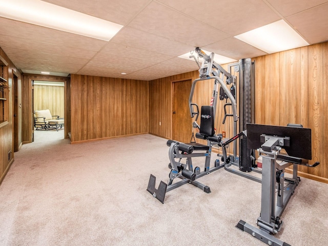 4159 Rowanne Rd, Columbus, OH 43214 - exercise area featuring wooden walls, carpet floors, and a paneled ceiling