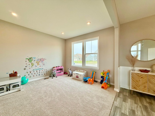playroom featuring baseboards, carpet flooring, and recessed lighting