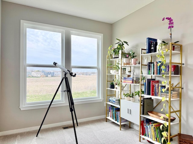 rec room with carpet, visible vents, and baseboards